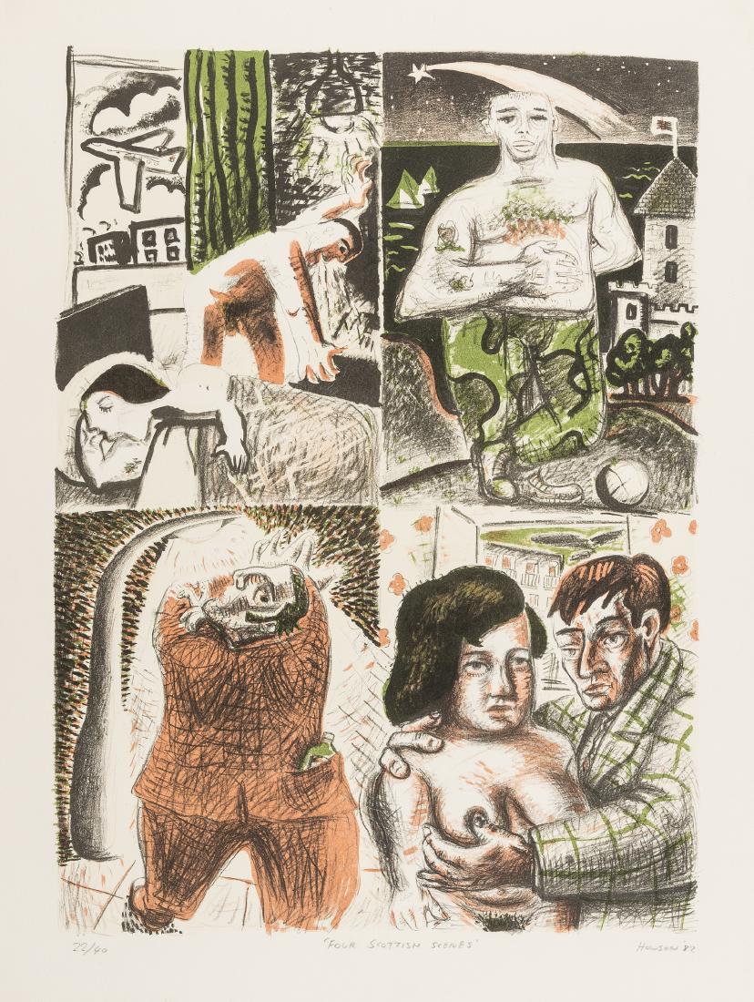 δ Peter Howson (b.1958) Four Scottish Scenes: δ Peter Howson (b.1958)Four Scottish ScenesLithograph printed in colours, 1982, signed, titled, dated and numbered from the edition of 40 in pencil, on wove paper, the full sheet, 670 x 515mm (26