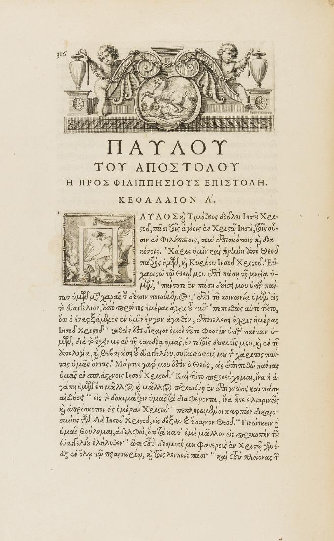 Mazarin edition.- Bible, Greek.- [New Testament,: Mazarin edition.- Bible, Greek.- [New Testament, Greek], 'Mazarin edition', half-title, fine engraved title by Claude Mellan depicting an angel writing on an obelisk and with title itself inscribed on