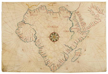 Africa.- Agnese (Manner of Battista, c.1500-1564): Africa.- Agnese (Manner of Battista, c.1500-1564) Portolan chart of Africa and the Arabian Peninsula, large compass rose with port towns and cities annotated, pen and inks, watercolour wash,