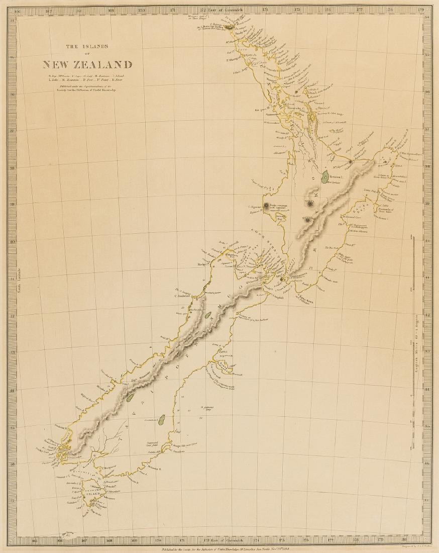 New Zealand.- Society for the Diffusion of Useful: New Zealand.- Society for the Diffusion of Useful Knowledge. The Islands of New Zealand, chart by J. & C. Walker showing the Northern and Southern islands, engraving on wove paper, sheet 410 x 340 mm.