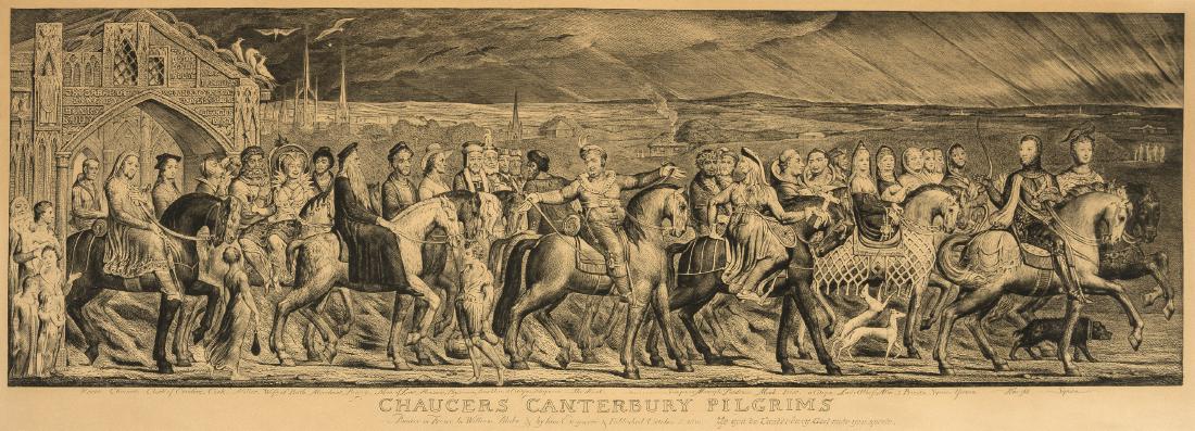 William Blake (1757-1827) Chaucer's Canterbury: William Blake (1757-1827) Chaucer's Canterbury PilgrimsEtching and engraving on heavy wove paper, printed circa 1810-1823, a good even impression of Essick's fourth state (of 5), with no trace of the