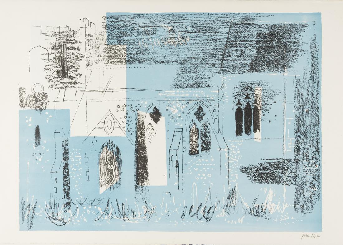 δ John Piper (1903-1992) Lewknor, Oxfordshire:: δ John Piper (1903-1992)Lewknor, Oxfordshire: textured walls, traceried windows (Levinson 133)Lithograph printed in colours, 1964, signed in pencil, a printer's proof aside from the edition of 70
