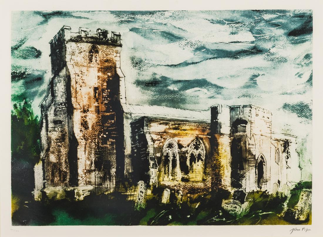 δ John Piper (1903-1992) Ivychurch, Romney Marsh: δ John Piper (1903-1992)Ivychurch, Romney Marsh (Levinson 364)Etching with aquatint printed in colours, 1984, signed and numbered from the edition of 100 in pencil, on Arches wove paper, printed