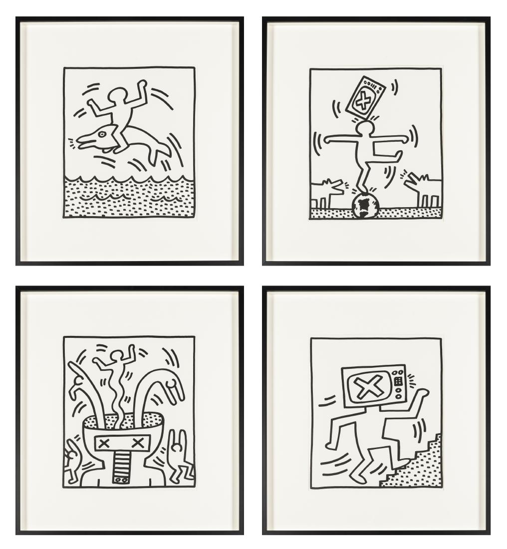 Keith Haring (1958-1990) Man on a Dolphin; Balancing: Keith Haring (1958-1990)Man on a Dolphin; Balancing Act; Untitled; UntitledFour lithographs printed in black, 1983, from the edition of 300, each on wove paper, published by Lucia Amelio Gallery, Napo