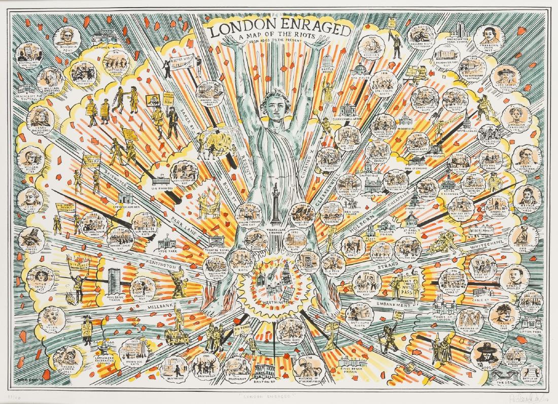 δ Adam Dant (b. 1967) London Enraged: δ Adam Dant (b. 1967)London EnragedLithograph printed in colours, 2016, signed and numbered from the edition of 50 in pencil, on wove paper, the full sheet, 555 x 755mm (21 7/8 x 29 3/4) (unframe