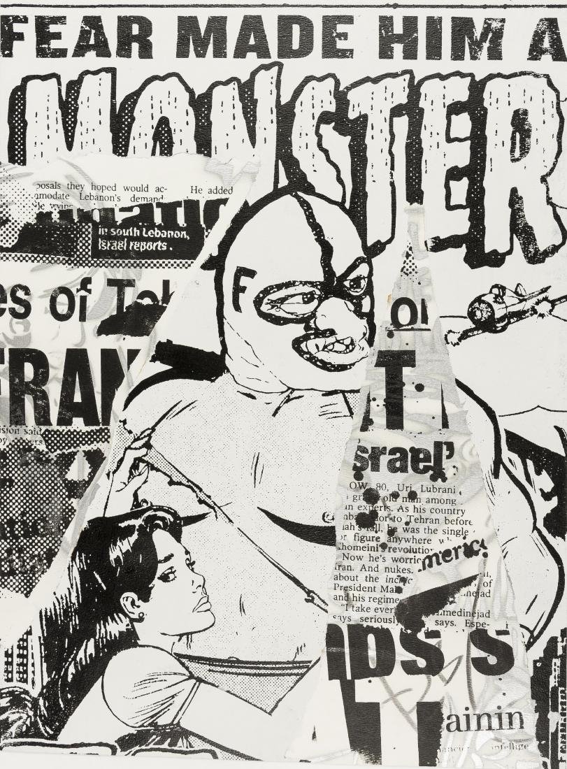 Faile (b.1975 & 1976) Monster: Faile (b.1975 & 1976)MonsterUnique spraypaint in silver with screenprinted additions, 2006, signed in pencil and stamped '2006' in red ink verso, the full sheet, 610 x 455mm (24 x 18in) (unframed)