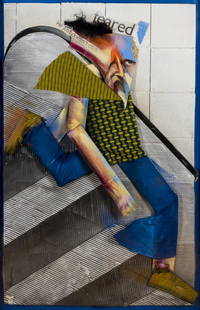 δ Adam Neate (b.1977) He just doesn't click: δ Adam Neate (b.1977)He just doesn't clickAcrylic and spray paint on cardboard, newspaper and fabric, mounted onto board support, 2007, in the artist's designated blue frame, 1450 x 970mm (57 x 3