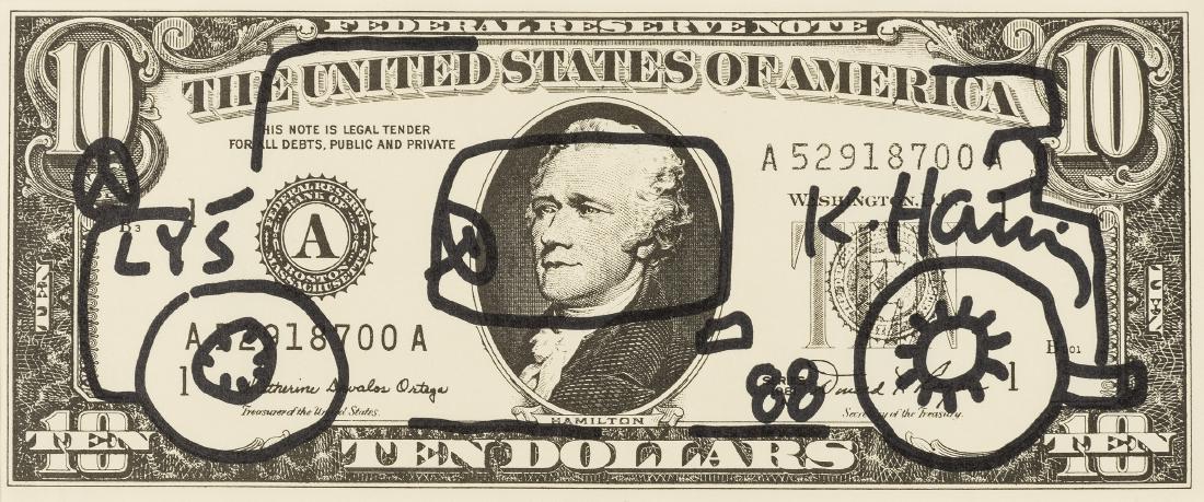 Keith Haring (1958-1990) Dollar Bill Drawing (Car): Keith Haring (1958-1990)Dollar Bill Drawing (Car)Felt-tip pen on facsimile $10 bill, 1988, signed and dated in pencil, the full sheet, 102 x 248mm ( 4 x 9 3/4in) (unframed)Provenance: A gift from the