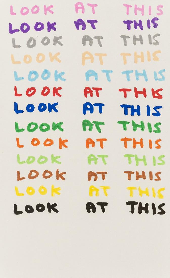 David Shrigley (b.1968) Look At This: David Shrigley (b.1968)Look At This Unique felt tip pen drawing in colours, 2007, mounted onto a deluxe edition copy of Ants Have Sex in Your Beer, signed, dated and numbered from the deluxe edition o