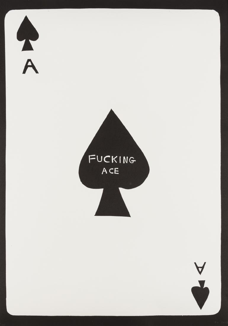 δ David Shrigley (b.1968) Fucking Ace: δ David Shrigley (b.1968)Fucking AceLinocut, 2018, signed, dated and numbered from the edition of 125 in pencil, printed and published by Schaefer Graphics, Copenhagen, the full sheet printed to