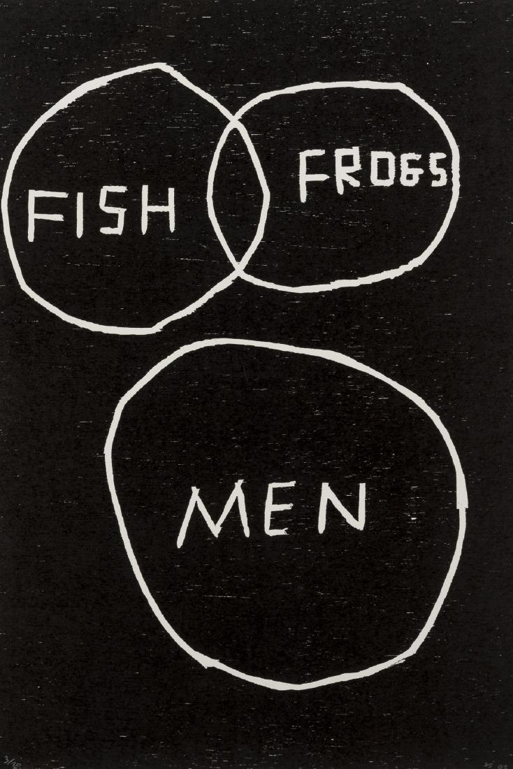 δ David Shrigley (b.1968) Untitled (Fish, Frog,: δ David Shrigley (b.1968)Untitled (Fish, Frog, Men)Woodcut, 2005, signed and numbered from the edition of 20 in pencil, on wove paper, the full sheet printed to the edges, 597 x 397mm (23 1/2 x 1