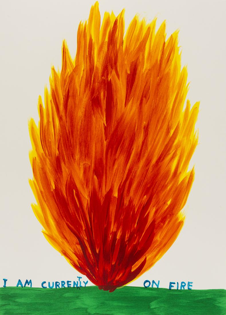 δ David Shrigley (b.1968) I Am Currently on Fire: δ David Shrigley (b.1968)I Am Currently on FireScreenprint in colours with varnish overlay, 2018 signed, dated and inscribed in pencil verso, an artist's proof aside from the edition of 100, on S