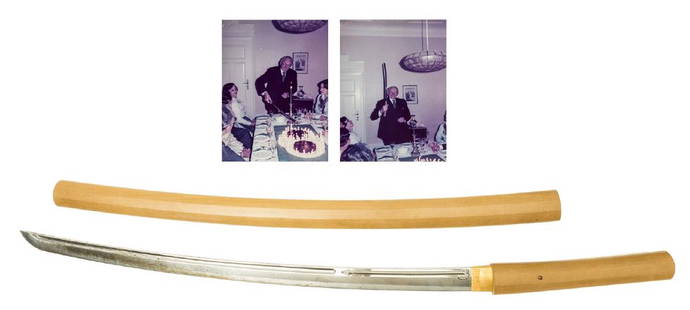 Japanese Katana sword, steel blade,possibly bamboo hilt: NO RESERVE Japanese Katana sword, steel blade, possibly bamboo hilt and scabbard, housed in a silk sleeve, sword length 840mm., [1960's]; and 2 photographs of Hayek cutting his birthday cake with