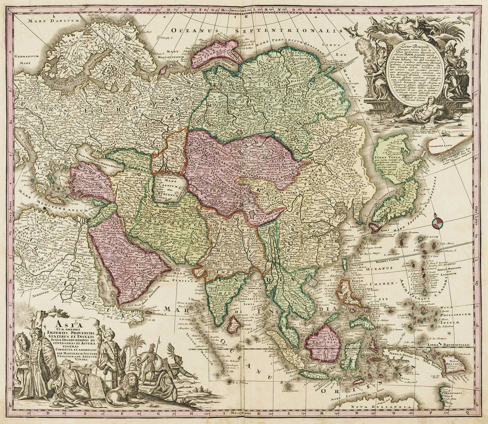 Asia.- Seutter (Matthäus) Asia cum omnibus: Asia.- Seutter (Matthäus) Asia cum omnibus Imperiis, Provinciis, Statibus et Insulis..., map of Asia, showing eastern Europe, Scandinavia, Egypt and the northern tips of Australia, title cartouch