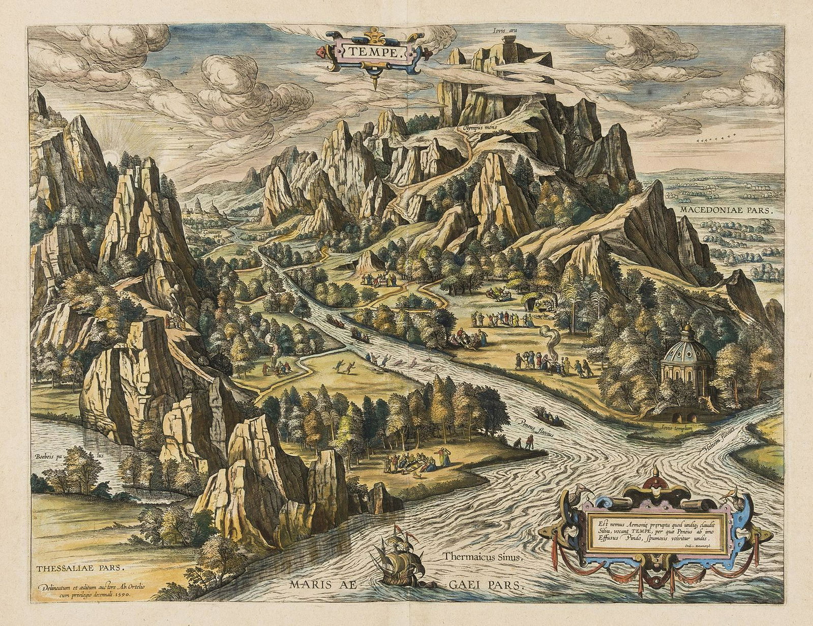 Mount Olympus.- Greek myths.- Ortelius (Abraham) Tempe,: NO RESERVE Mount Olympus.- Greek myths.- Ortelius (Abraham) Tempe, bird's-eye view of the mythical paradise of Tempe in Thessaly, located at the foot of Mount Olympus, Greece, engraving with hand-colo