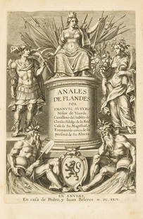 Sueyro (Emanuel) Annales de Flandes, 2 vol. in 1,: Sueyro (Emanuel) Annales de Flandes, 2 vol. in 1, vol.1 half-title and engraved allegorical title, vol.2 printed title with large woodcut vignette, full-page engraved portrait by Pieter de Jode with