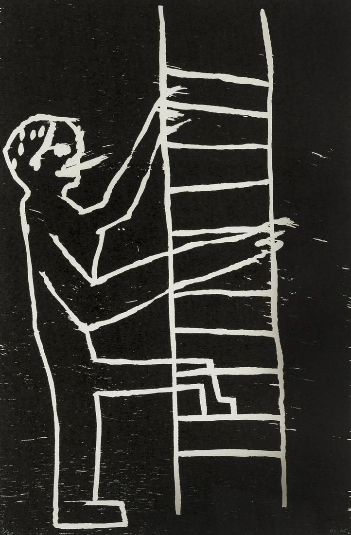 δ David Shrigley (b.1968) Untitled (Man Climbing): δ David Shrigley (b.1968)Untitled (Man Climbing)Woodcut, 2005, signed and numbered from the edition of 20 in pencil, on wove paper, the full sheet, 597 x 397mm (23 1/2 x 15 5/8in) (framed)δ