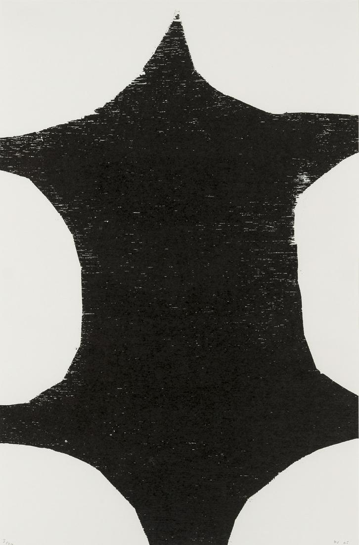 δ David Shrigley (b.1968) Untitled (Pelt): δ David Shrigley (b.1968)Untitled (Pelt)Woodcut, 2005, signed and numbered from the edition of 20 in pencil, on wove paper, the full sheet, 597 x 397mm (23 1/2 x 15 5/8in) (framed)δ This lot