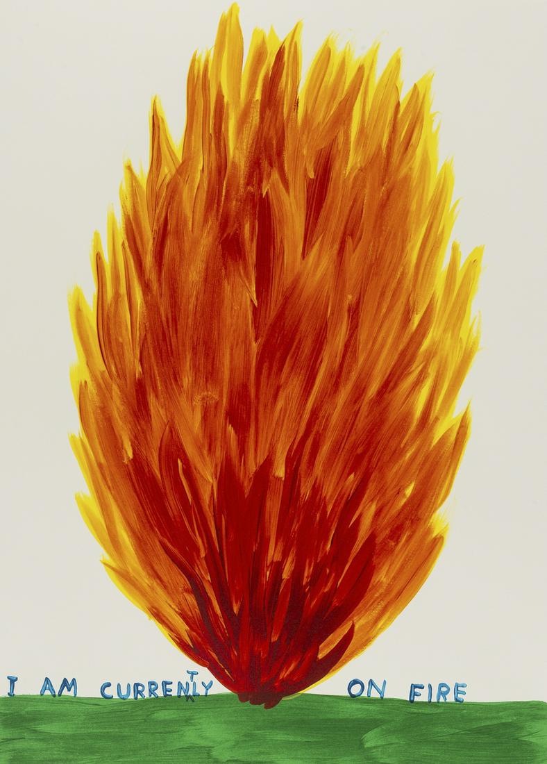 δ David Shrigley (b.1968) I Am Currently on Fire: δ David Shrigley (b.1968)I Am Currently on FireScreenprint in colours with varnish overlay, 2018, signed, dated and inscribed in pencil verso, an artist's proof aside from the edition of 100, on