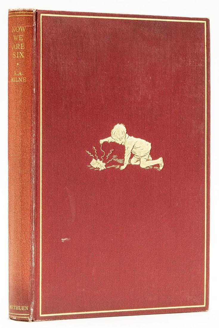 Milne (A. A.) Now We Are Six, first edition, 1927.: Milne (A. A.) Now We Are Six, first edition, illustrations and pictorial endpapers by E. H. Shepard, ownership inscription to front free endpaper verso, half-title, original cloth, a little rubbed, sl