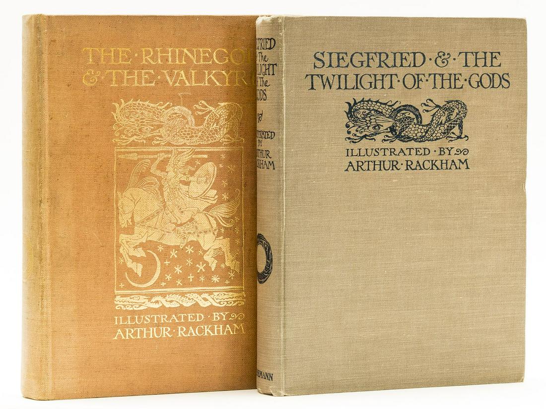 Rackham (Arthur).- Wagner (Richard) Siegfried & the: NO RESERVE Rackham (Arthur).- Wagner (Richard) Siegfried & the Twilight of the Gods, 1911; The Rhinegold & the Valkyrie, 1914, tipped-in frontispiece and plates, captioned tissue-guards, occasional ma