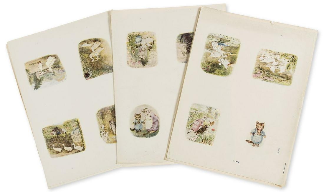 Potter (Beatrix) The Tale of Tom Kitten, set of 7 uncut: Potter (Beatrix) The Tale of Tom Kitten, set of 7 uncut proof sheets for the colour illustrations and cover labels, early printing, each with 4 illustrations to sheet, 1 creased, light toning and crea