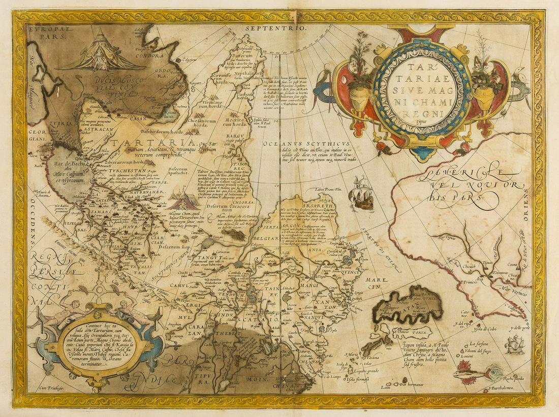 Russia & North Pacific.- Ortelius (Abraham) Tartariae: Russia & North Pacific.- Ortelius (Abraham) Tartariae sive Magni Chami Regni Typus, the earliest printed map to focus on the North Pacific, showing the Kingdom of the Great Khan in Asia, including Rus