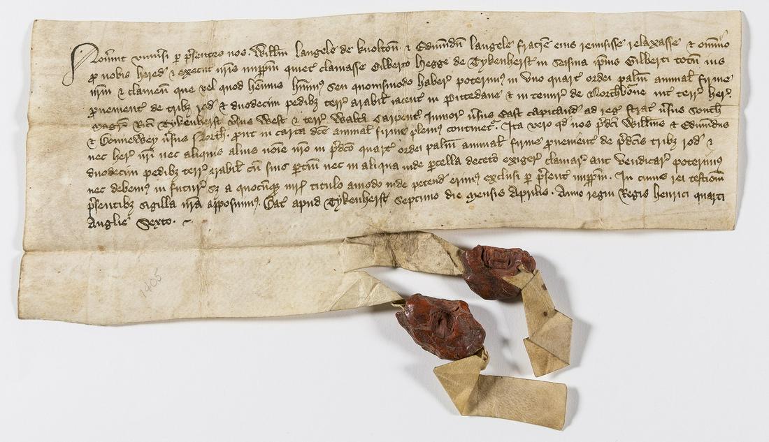 Kent.- Release by William Langley of Knowlton and his: Kent.- Release by William Langley of Knowlton and his brother Edmund Langley to Gilbert Hegge of Tykenherst [Tickenhurst] of arable land in Pittedane in the tenure of Northbourne between the land of M