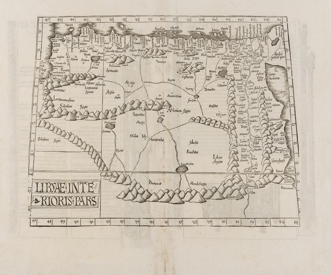 Africa.- Fries (Lorenz) Libyae Interioris Pars, [c.: Africa.- Fries (Lorenz) Libyae Interioris Pars, Ptolemaic map showing eastern Libya, Egypt and the Nile Delta, based upon the work of Waldseemuller, woodcut on laid paper with small watermark, borderl