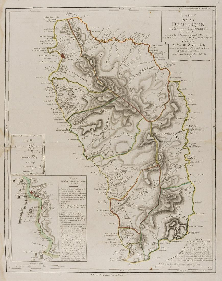 Caribbean.- Dominica.- Sartine, comte d'Alby (Antoine: Caribbean.- Dominica.- Sartine, comte d'Alby (Antoine de) Carte de la Dominique Prise par les François..., map of the island, with inset plan of key coastal fortifications, engraving with outlin