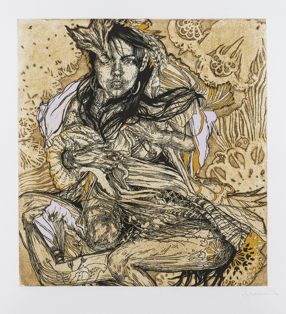 Swoon (b.1977) Monica: Swoon (b.1977)MonicaScreenprint in colours with hand-colouring, 2010, signed and numbered from the edition of 2 in pencil, on heavy wove paper, published by Black Rat Projects, London, with margins, s