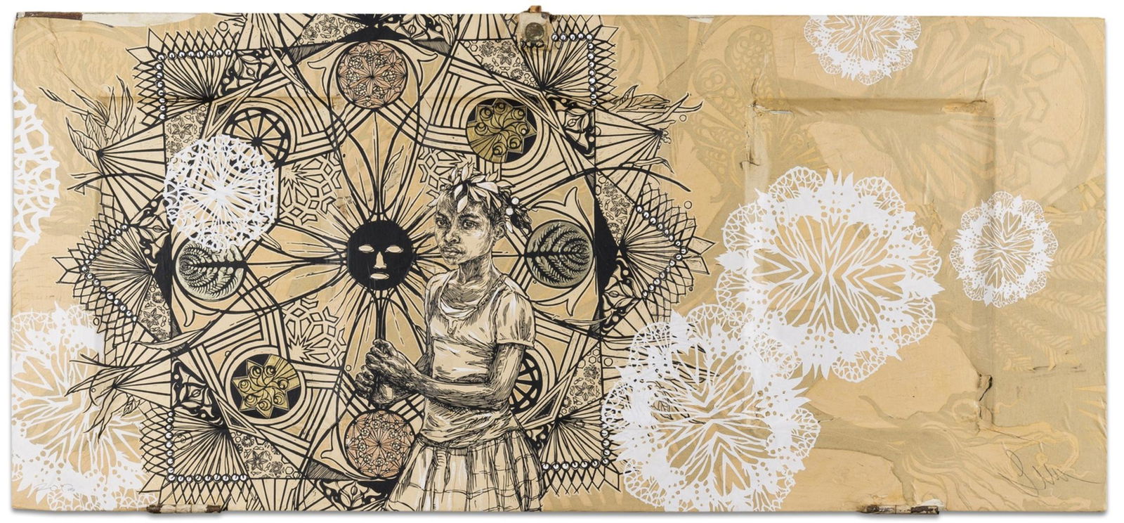 Swoon (b.1977) Edline 32: Swoon (b.1977)Edline 32Screenprint on Tracing paper, hand painted acrylics, paper cutouts on wooden door, 2015, signed in pencil recto, signed and dated in black ink verso, numbered 32/32 in pencil ve