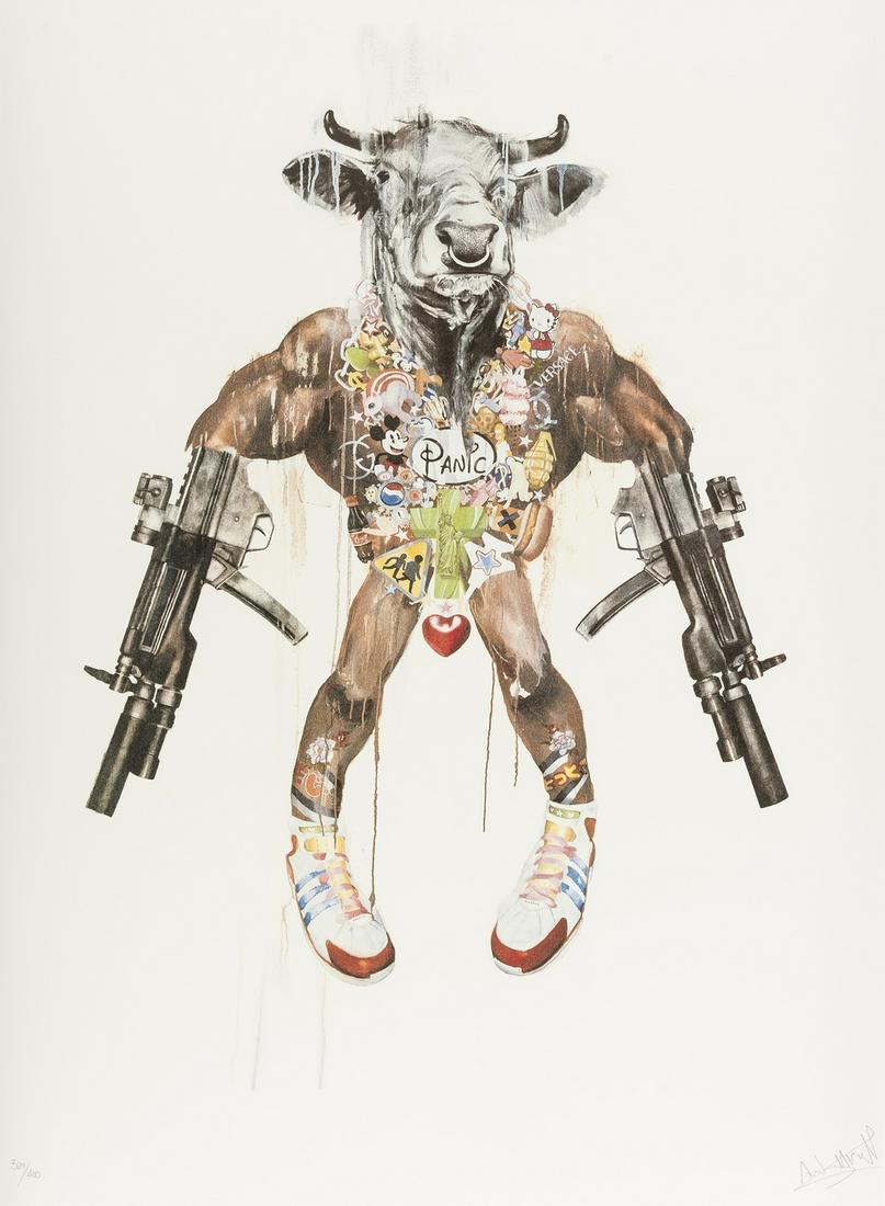 δ Antony Micallef (b.1975) Mythic Weapon -: δ Antony Micallef (b.1975)Mythic Weapon - Improvised MinotaurLithograph printed in colours, 2007, signed and numbered from the edition of 400 in pencil, on wove paper, published by Lazarides Gall