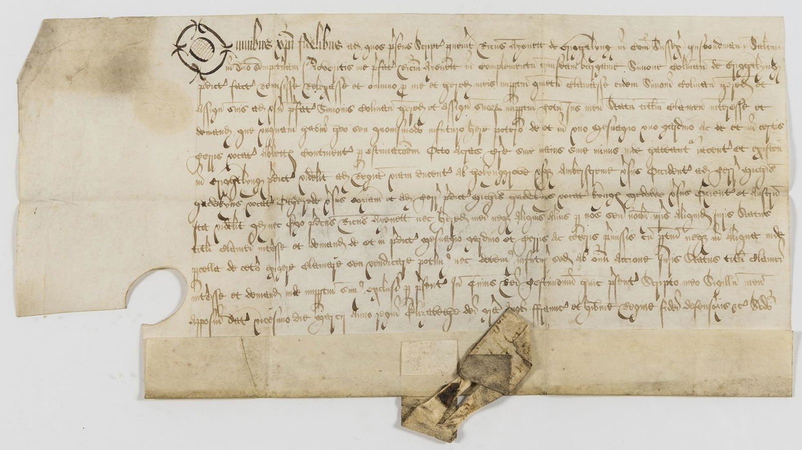 Sussex, Brightling.- Richard Ayenett of Brightling in: Sussex, Brightling.- Richard Ayenett of Brightling in Sussex and his son Robert release to Simone Colman of Brightling of a messuage and garden, manuscript in Latin, on vellum, 13 lines, lacks seal, f