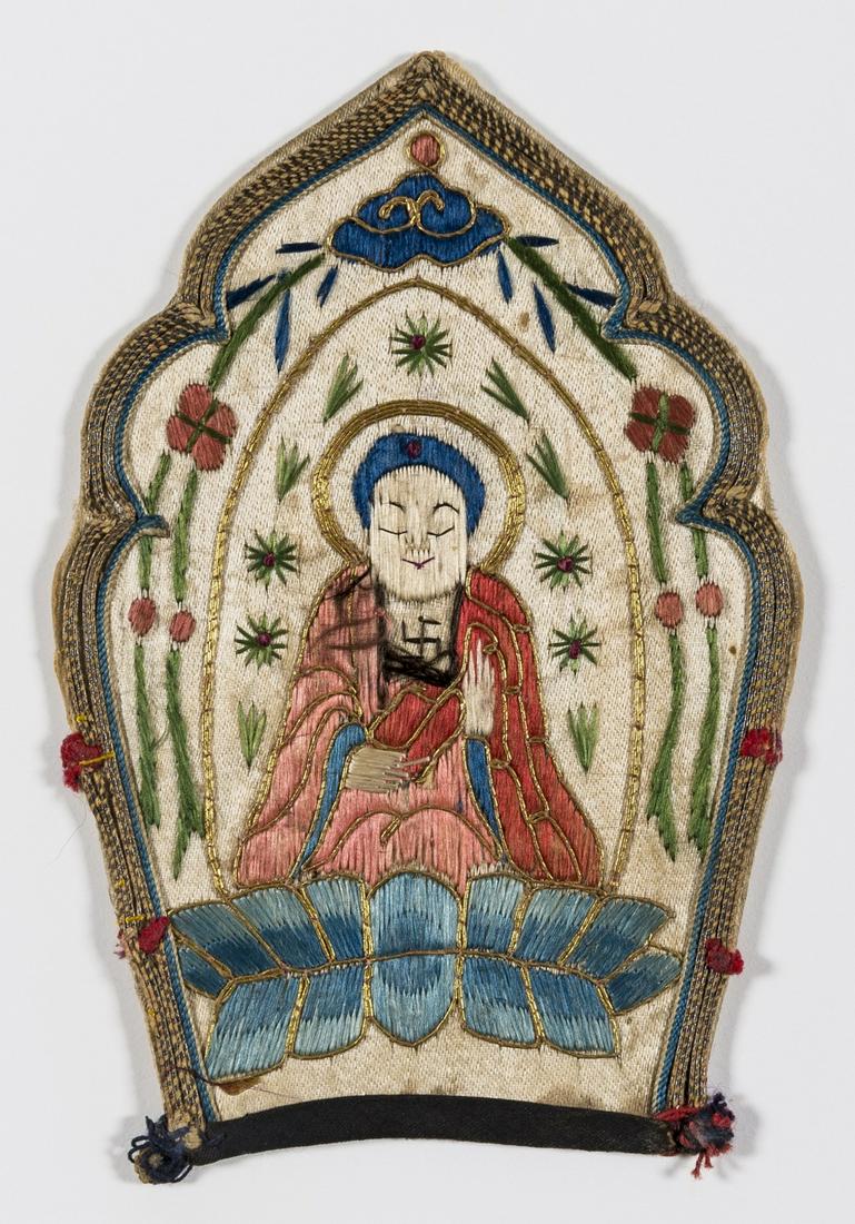 Buddhism.- A panel from a Sinicized Tibetan Buddhist: Buddhism.- A panel from a Sinicized Tibetan Buddhist ritual crown, embroidered in silk, gold and other metallic threads on an ivory silk ground, 12.5 x 8.5 cm (4 ½ x 3 ¼ in.), in very good c