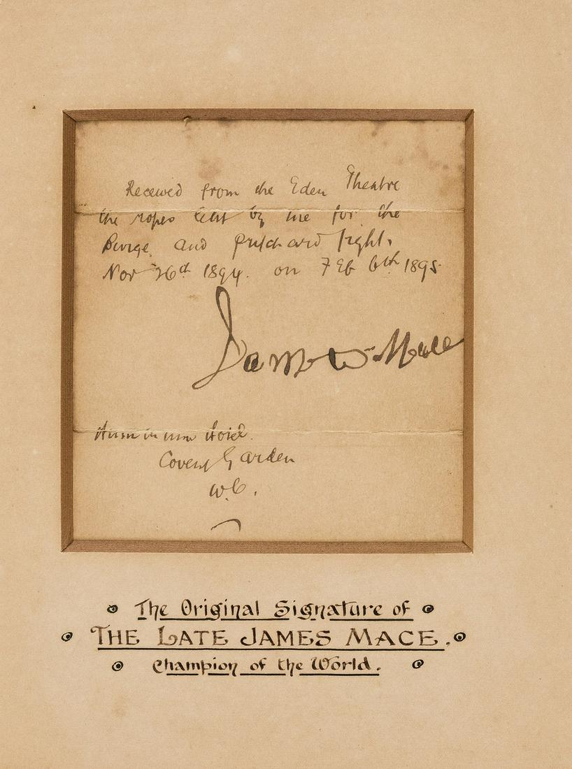 Boxing.- Mace (James "Jem", bare-knuckle pugilist): NO RESERVE Boxing.- Mace (James "Jem", bare-knuckle pugilist, 1831-1910) Signature with inscription in another hand, mounted, folds, browned, 220 x 165mm., 6th February 1895. ⁂ Inscription reads