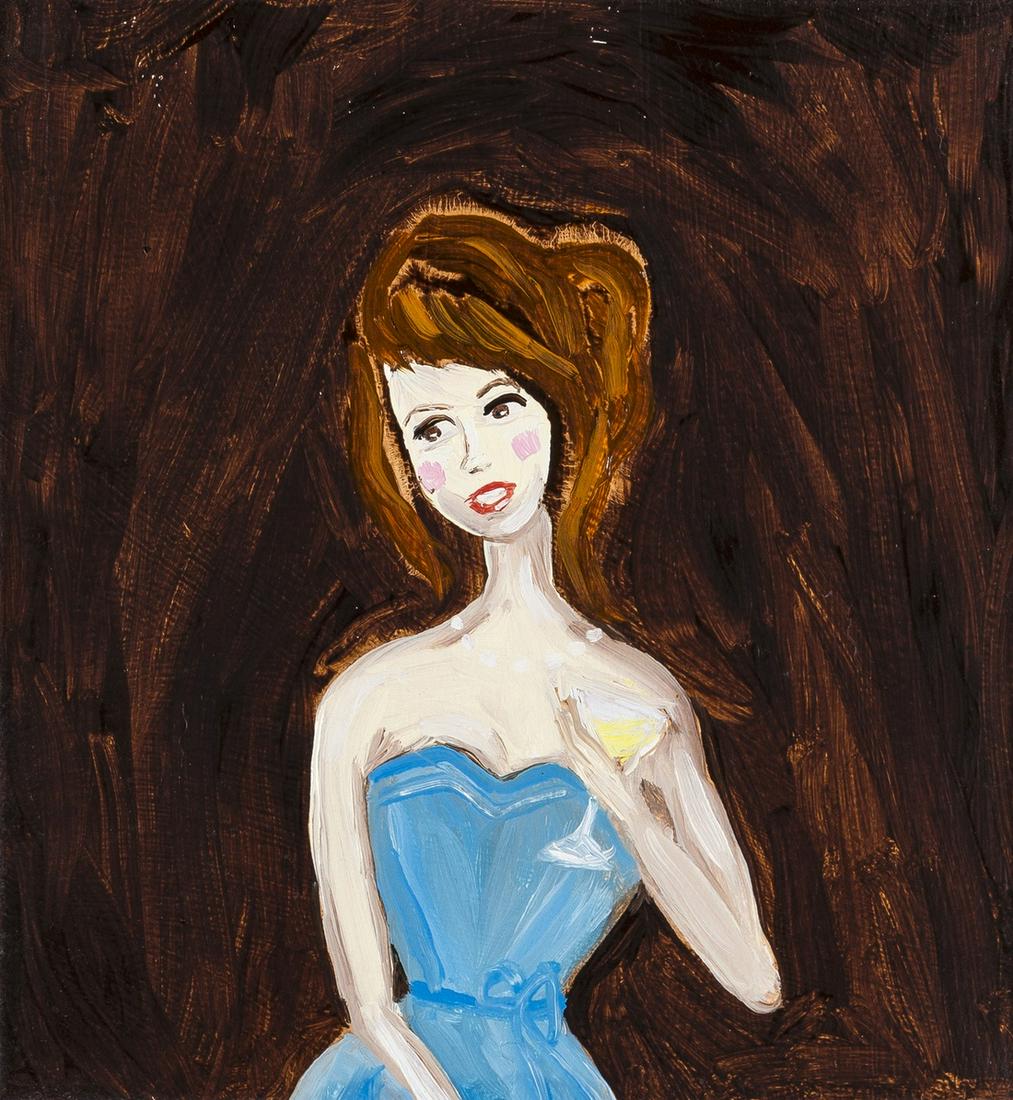 δ Stella Vine (b.1969) Olivia Blue Cocktail Dress: δ Stella Vine (b.1969)Olivia Blue Cocktail DressOil on cardboard, 2009, signed, titled, dated verso, 185 x 200mm (7 1/4 x 7 7/8in) (framed)δ This lot is sold subject to Artists Resale Rights