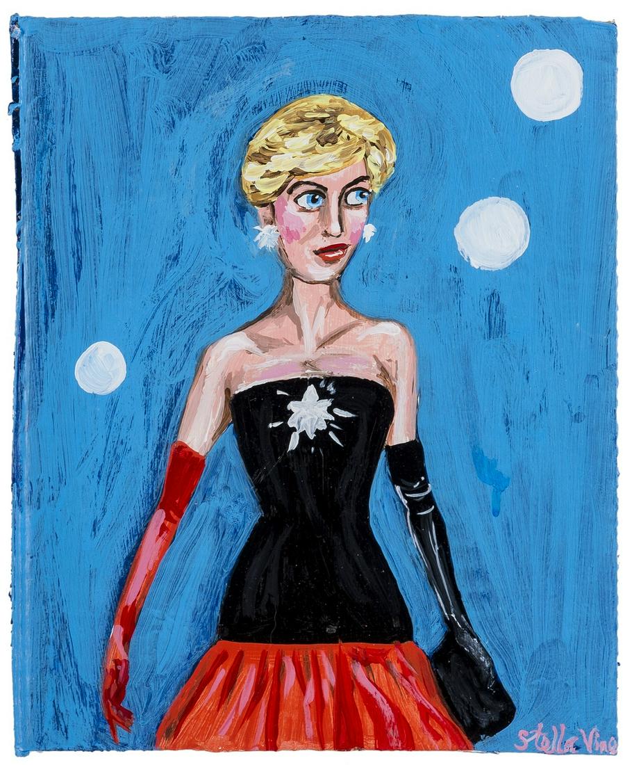 δ Stella Vine (b.1969) Diana red & black dress: δ Stella Vine (b.1969)Diana red & black dressAcrylic on cardboard, 2009, signed at lower right, signed, titled and dated verso, 210 x 255mm (8 1/4 x 10in) (framed)δ This lot is sold subject