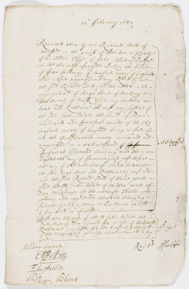 Hampshire.- Receipt by Richard Holt of rent from John: NO RESERVE Hampshire.- Receipt by Richard Holt of Buriton of rent from John White for two messuages etc. in Portsmouth, D.S. "Richard Holt" and two others, manuscript, 1p. with conjugate blank, margin