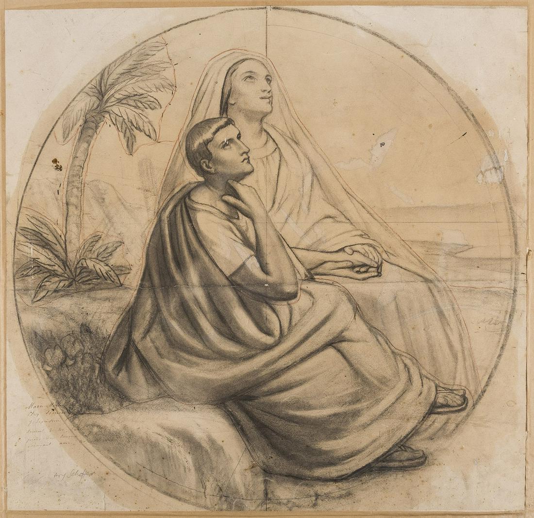 Scheffer (Ary), Manner of. Saint Augustine and his: Scheffer (Ary), Manner of. Saint Augustine and his mother, Saint Monica, possibly a design for stained glass window after Scheffer's painting of 1846 with an additional palm tree, black and red chalks
