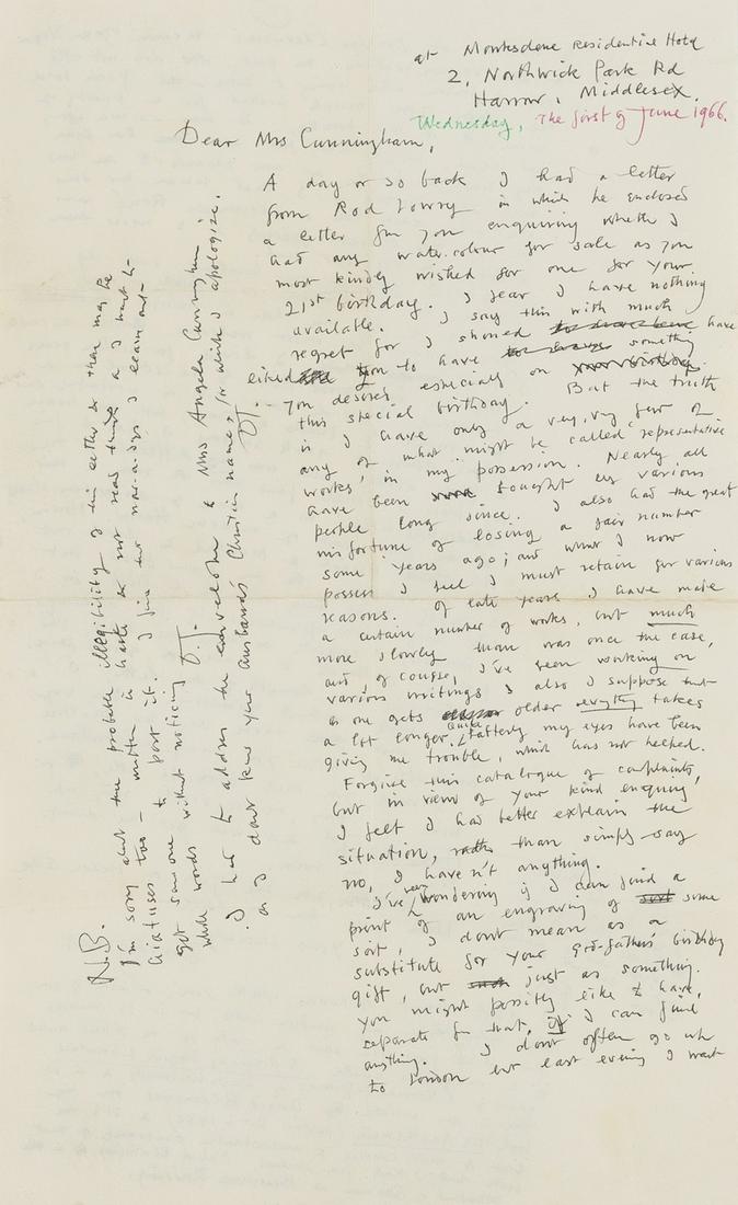 Jones (David) 2 Autograph Letters signed to Owen Rutter: Jones (David [pseudonym Dai Greatcoat], painter and poet, 1895-1974) 2 Autograph Letters signed (1 to the publisher Owen Rutter at the Golden Cockerel Press and 1 to Angela Cunningham), together 4pp. 