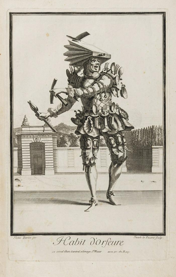Theatrical costumes.- Lepautre (Jean) Six grotesque: Theatrical costumes.- Lepautre (Jean) Six grotesque costume designs, after Jean Berain (1640-1711), including 'Habit d'Architecte', 'Habit de Musicien', 'Habit de Peintre', 'Habit d'Africain', 'Habit