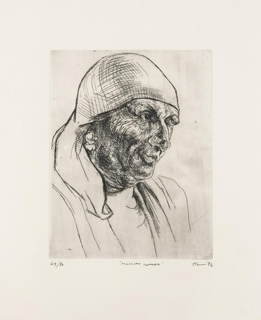 δ Peter Howson (b.1958) Muslim Woman: δ Peter Howson (b.1958)Muslim WomanEtching, 1994, signed, titled, dated and numbered from the edition of 50 in pencil, on wove paper, the full sheet 520 x 430mm (20 1/2 x 17in) (framed)δ Thi