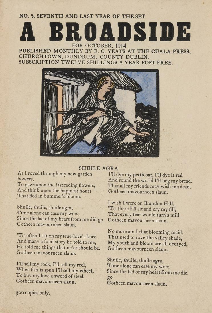 Yeats (Jack B.) A Broadside for October, 1914, one of: Yeats (Jack B.) A Broadside for October, 1914, one of 300 copies, 3pp, 3 woodcut illustrations, 2 hand-coloured, 4to, Dublin, E. C. Yeats at the Cuala Press, 1914.