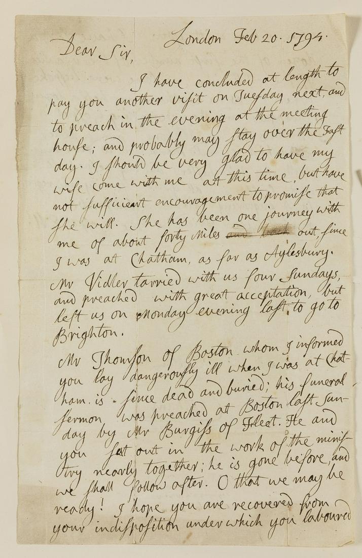 Nonconformist Church.- Winchester (Elhanan, American: Nonconformist Church.- Winchester (Elhanan, American Universalist clergyman, friend of John Wesley, 1751-97) Autograph Letter initialled "EW" to Mr Seaton of Chatham, 2pp., folio, London, 20th Februar