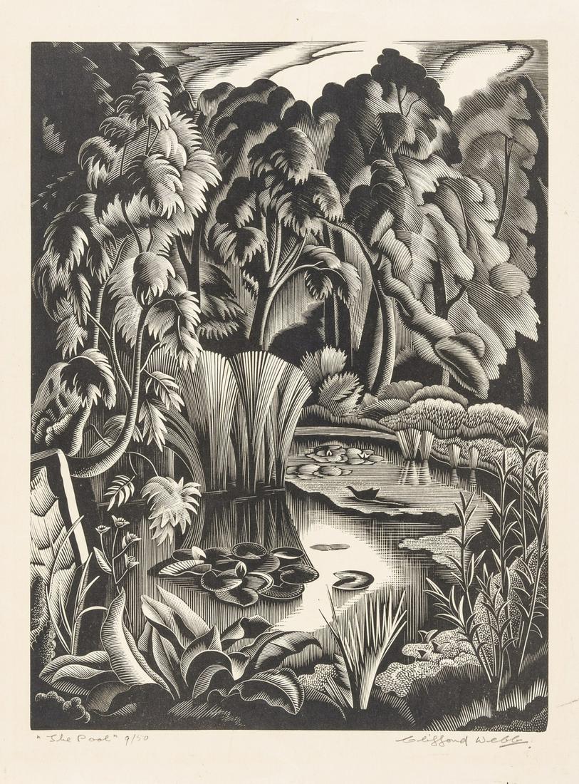δ Webb (Clifford Cyril) The Pool, wood-engraving,: NO RESERVE δ Webb (Clifford Cyril) The Pool, wood-engraving on wove paper, signed in pencil, inscribed with title and numbered '9/50', on buff wove paper without watermark, sheet 285 x 210 mm (11