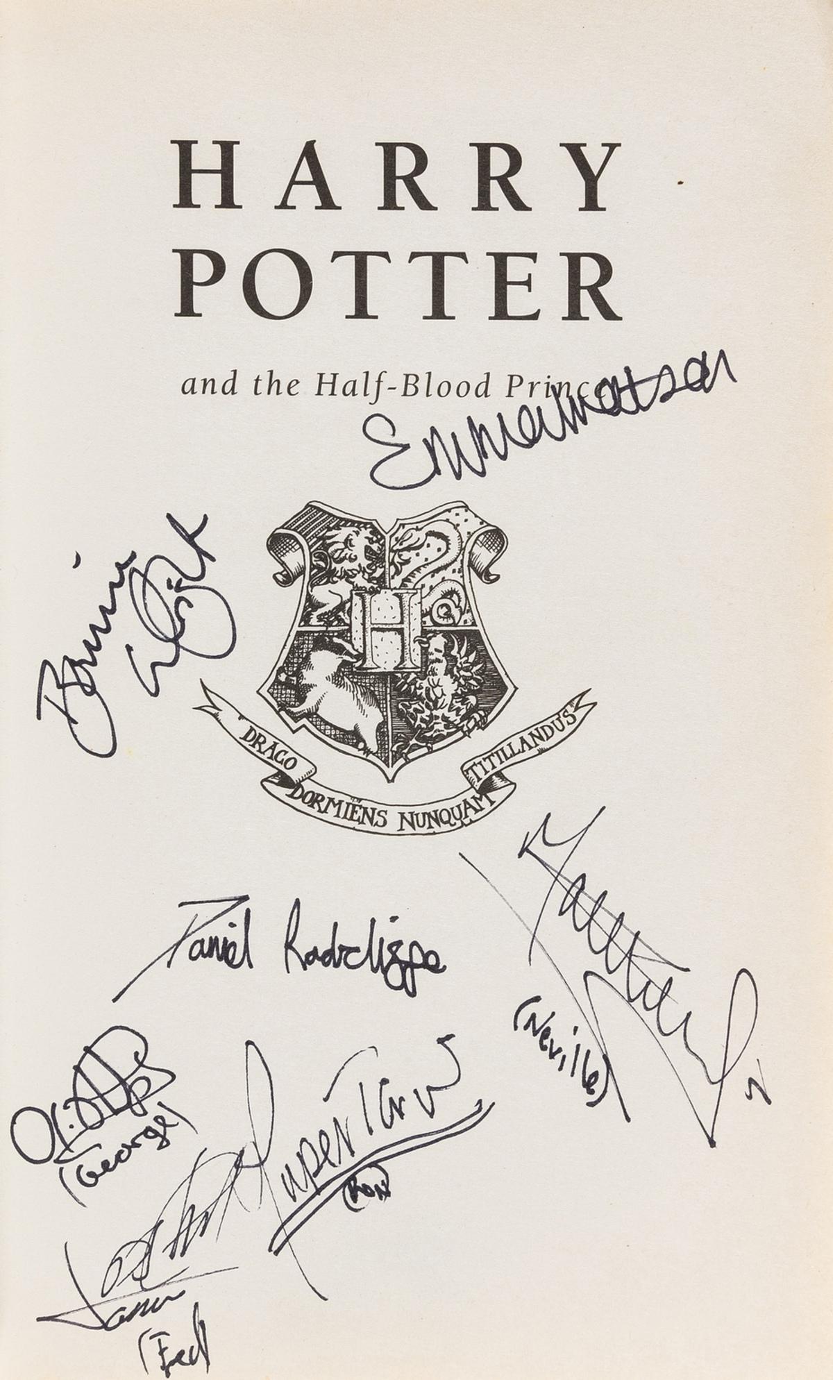 Rowling (J.K.) Harry Potter and the Half-Blood Prince,: Rowling (J.K.) Harry Potter and the Half-Blood Prince, first edition, signed by Daniel Radcliffe, Rupert Grint, Emma Watson and 4 other cast members on half-title, ink ownership inscription to endpape