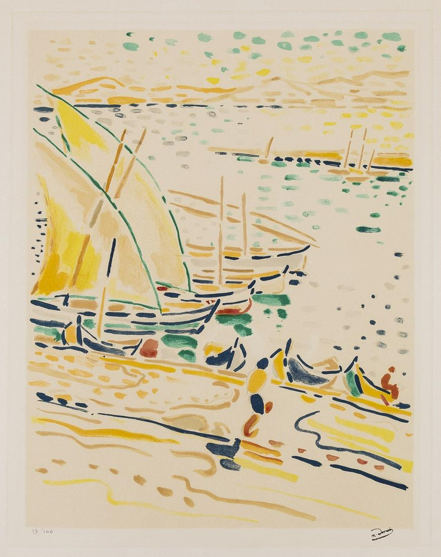 δ Andre Derain (1880-1954) Bâteaux à: δ Andre Derain (1880-1954)Bâteaux à Collioure Lithograph printed in colours, c.1920, with the stamped signature, numbered from the edition of 100, on BFK Rives paper, with full margins,