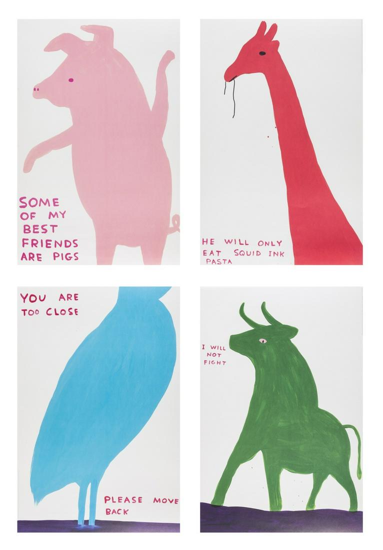 δ David Shrigley (b.1968) Four Posters: δ David Shrigley (b.1968)Four Posters (Animal Series)Four offset lithographs printed in colours, 2020, from the unknown edition size, on wove paper, the full sheets printed to the edges, each she