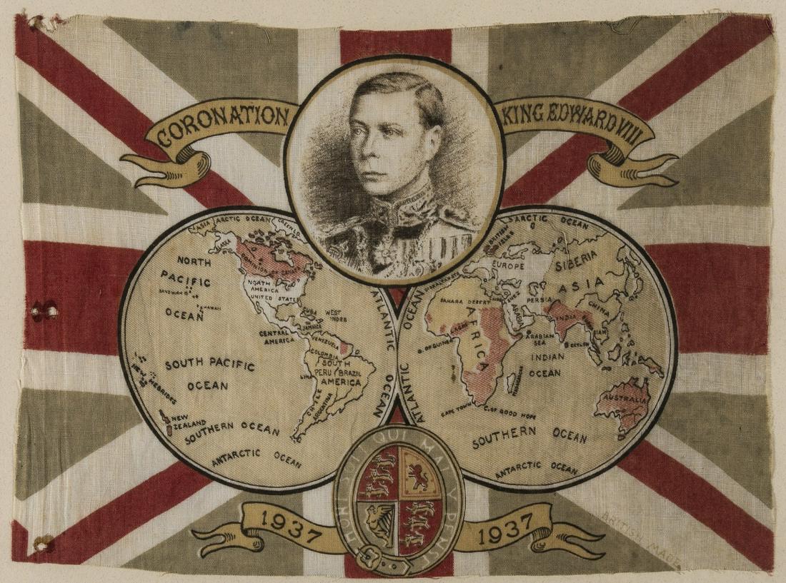 World.- Anonymous. Coronation King Edward VIII souvenir: World.- Anonymous. Coronation King Edward VIII souvenir flag map, with a portrait of the King and a double-hemisphere world map with the British Empire coloured red, and the Royal Arms illustrated ove